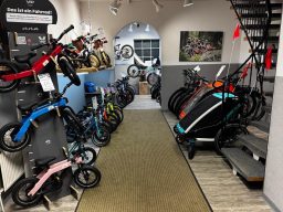 Fahrradgeschäft mit verschiedenen Fahrrädern und Anhängern auf einem Teppichboden.