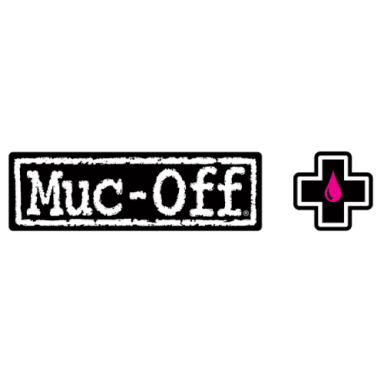Logo von Muc-Off mit einem schwarzen Schriftzug und einem rosa Kreuzsymbol.