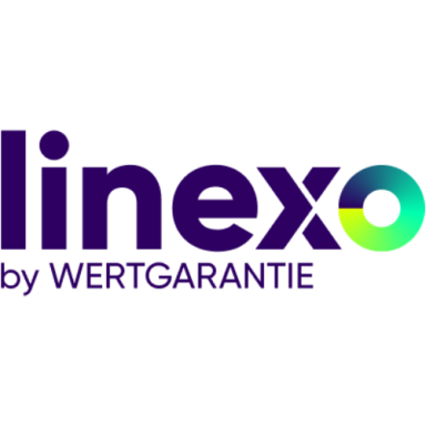 Logo von Linexo by WERTGARANTIE in lila und grün, modern gestaltet.