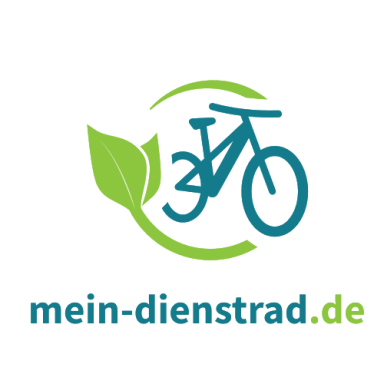 Logo von mein-dienstrad.de mit einem Fahrrad und einem Blatt in grün und blau.